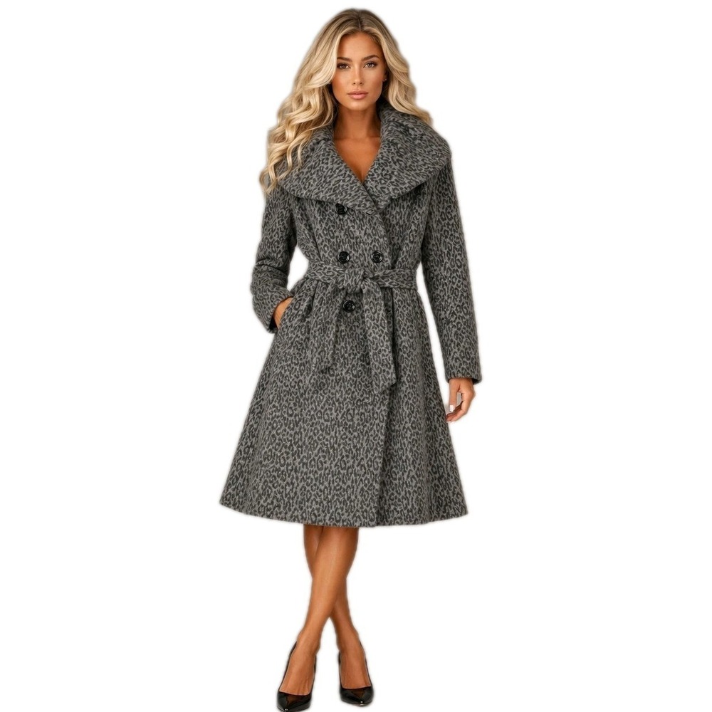 Calvin Klein Womens 4 Wool‎  Trench Coat Long Snow Leopard Animal Print Mob Wife